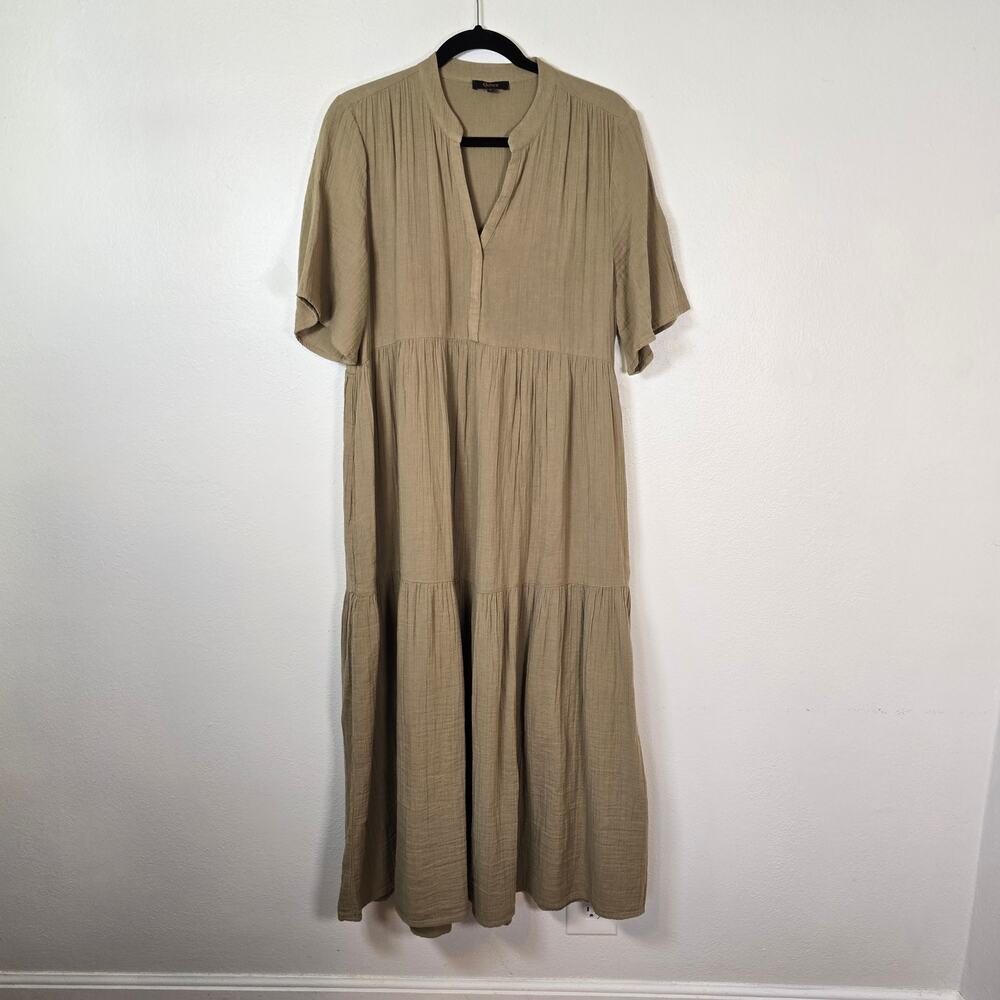 Quince Organic Cotton Gauze Maxi Dress Women's M Artichoke Split Neck Boho Chic
